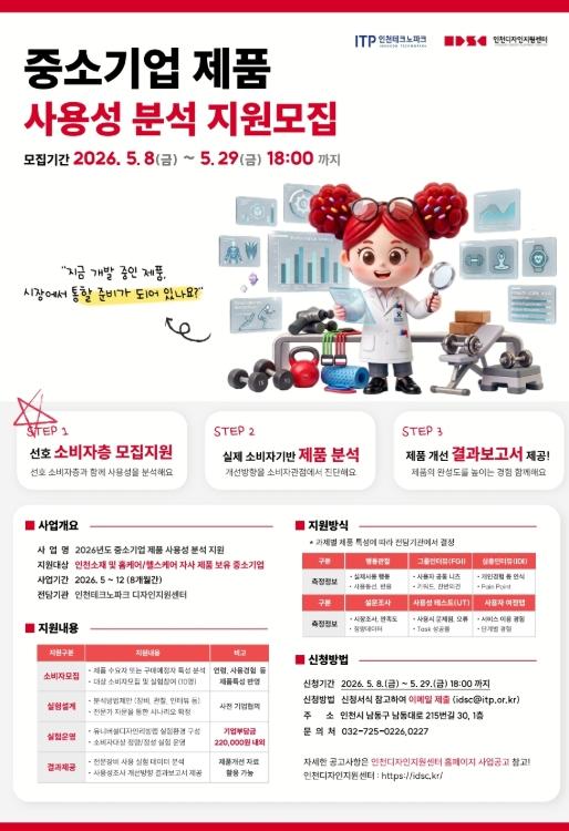 인천TP, ‘중소기업 제품 사용성 분석 지원사업’ 참여기업 모집